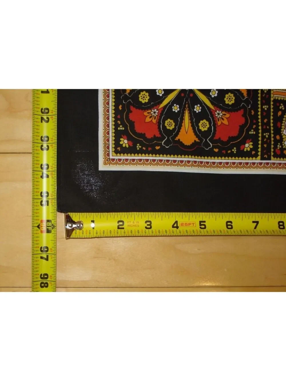 French Orange, Blk, Red & Yellow Floral & Leaf Cotton Tablecloth 95.5